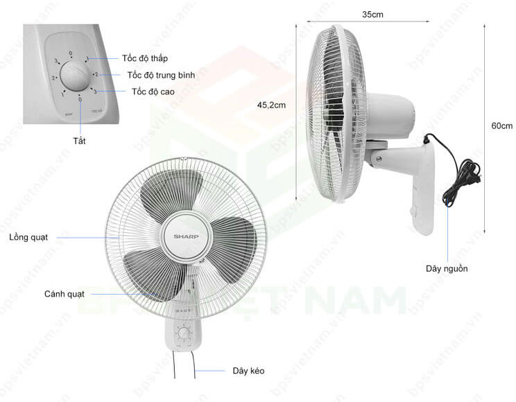 Thông số của quạt treo tường Sharp PJ-W40MV-LG